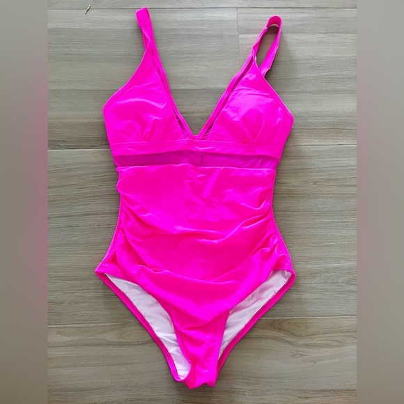 Women Pink Sexy Mesh Tummy Control Swimsuit High Waisted Bathing Suit Small - Picture 6 of 7